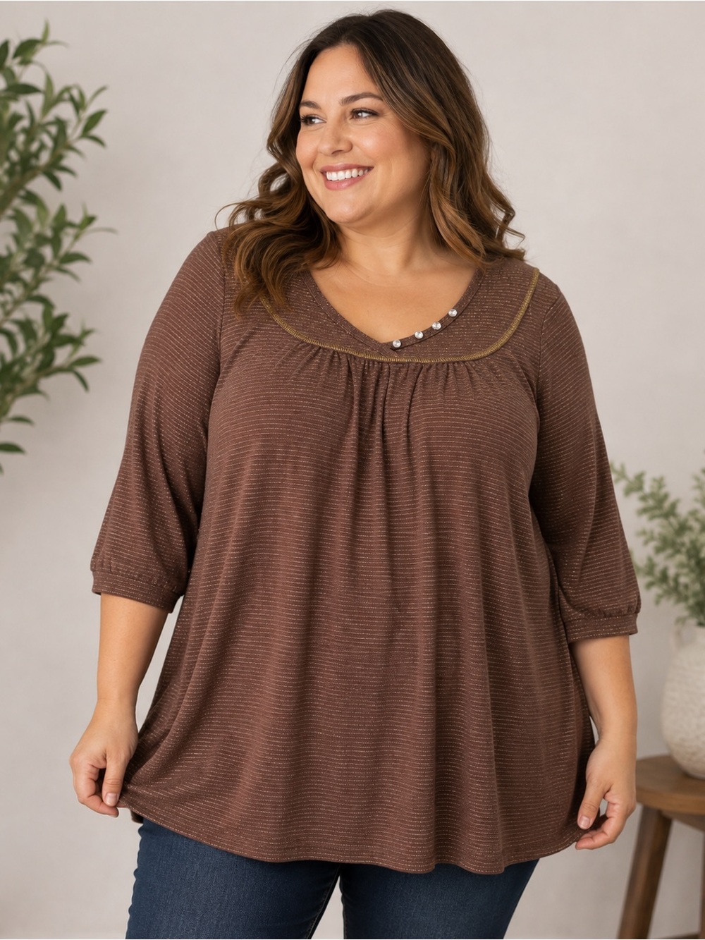 Venezia Plus Size 22/24 Brown Metallic  Top Rhinestone Y2K